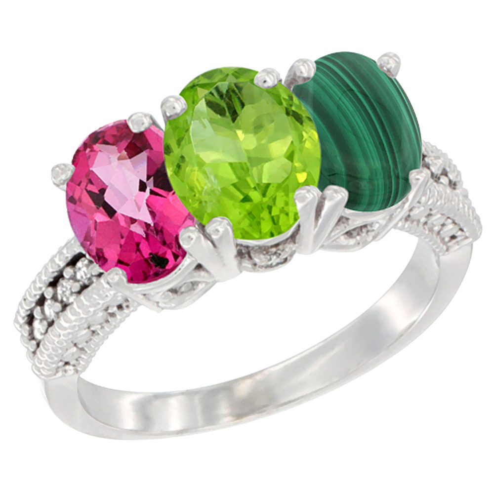 10K White Gold Natural Pink Topaz, Peridot & Malachite Ring 3-Stone Oval 7x5 mm Diamond Accent, sizes 5 - 10