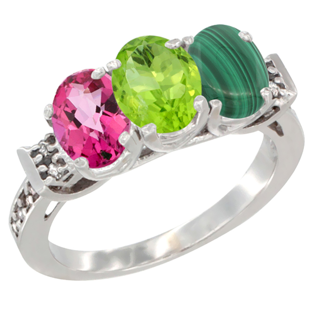 10K White Gold Natural Pink Topaz, Peridot &amp; Malachite Ring 3-Stone Oval 7x5 mm Diamond Accent, sizes 5 - 10