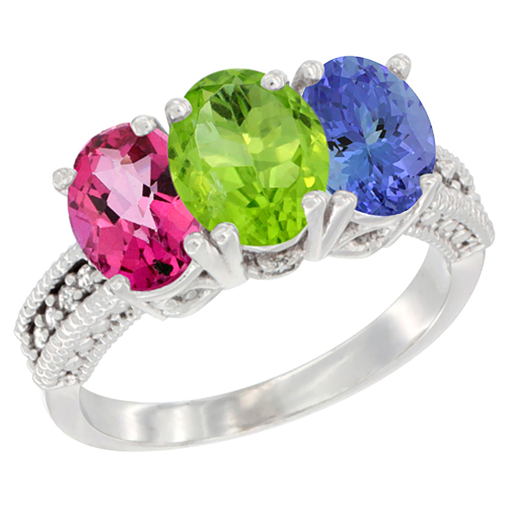 14K White Gold Natural Pink Topaz, Peridot & Tanzanite Ring 3-Stone 7x5 mm Oval Diamond Accent, sizes 5 - 10