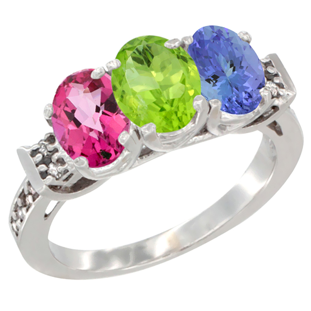 10K White Gold Natural Pink Topaz, Peridot &amp; Tanzanite Ring 3-Stone Oval 7x5 mm Diamond Accent, sizes 5 - 10