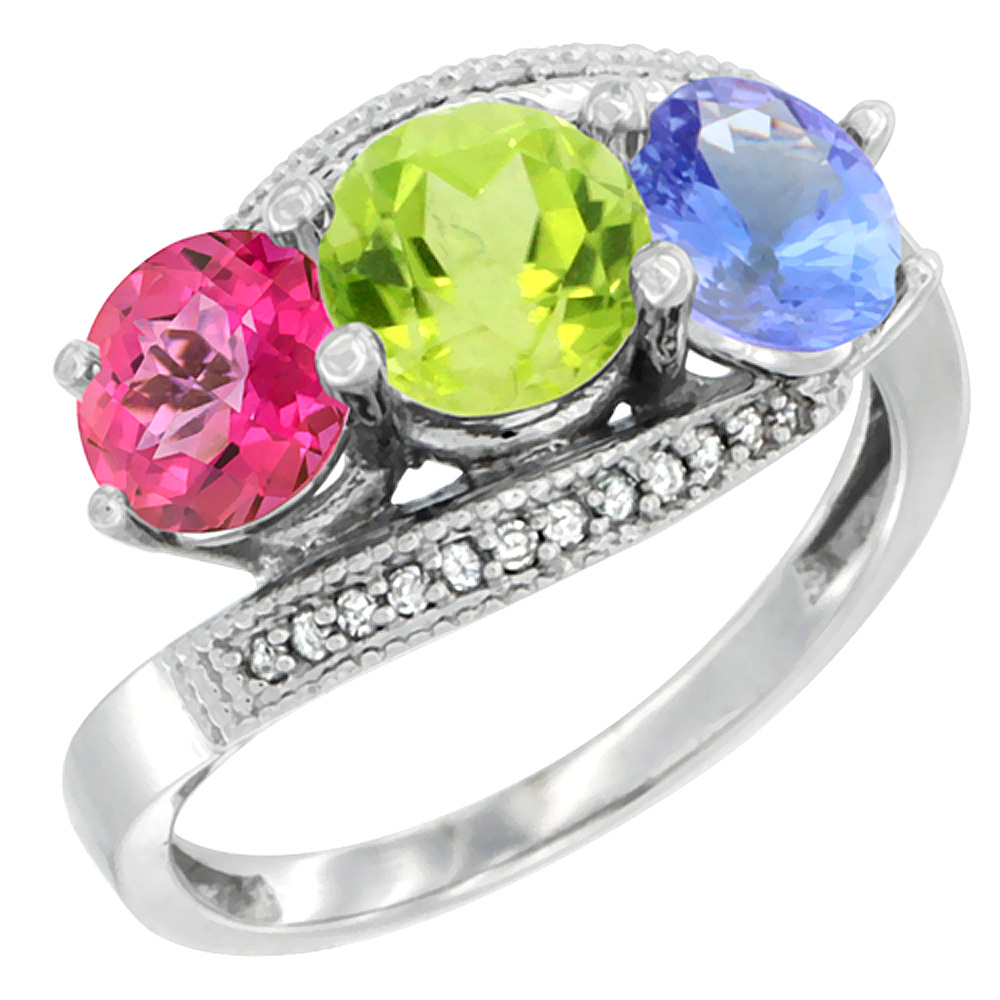 14K White Gold Natural Pink Topaz, Peridot & Tanzanite 3 stone Ring Round 6mm Diamond Accent, sizes 5 - 10