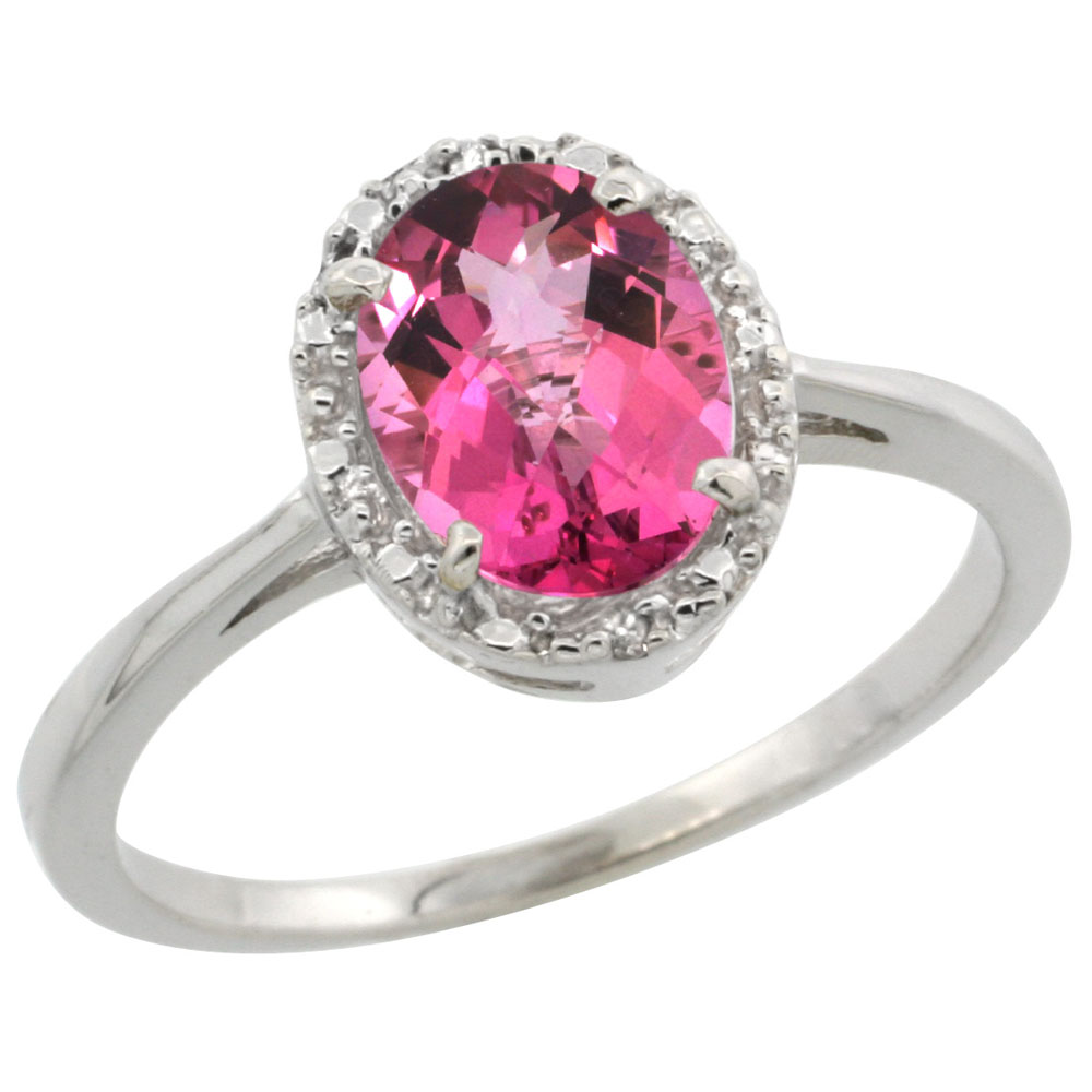 14K White Gold Natural Pink Topaz Ring Oval 8x6 mm Diamond Halo, sizes 5-10