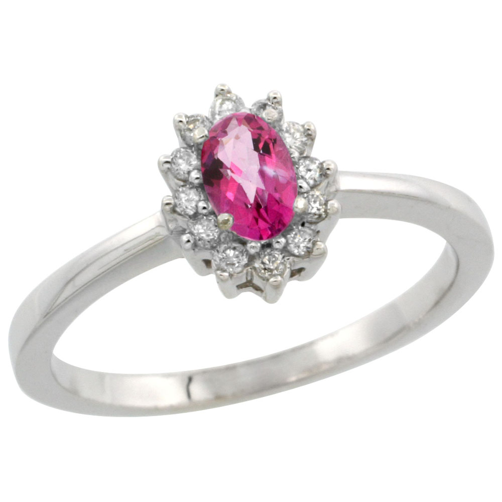 14K White Gold Natural Pink Topaz Ring Oval 5x3mm Diamond Halo, sizes 5-10