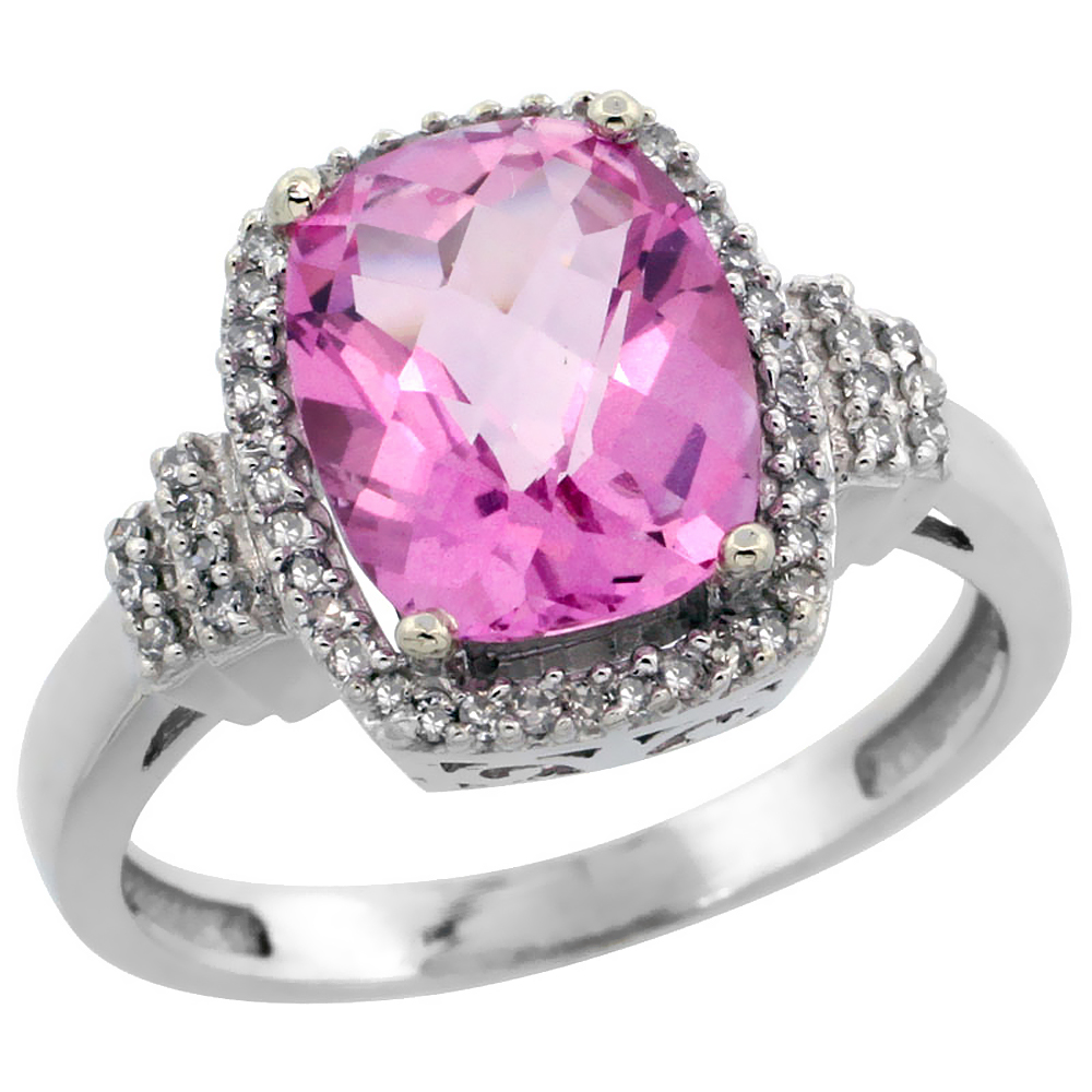 10k White Gold Natural Pink Topaz Ring Cushion-cut 9x7mm Diamond Halo, sizes 5-10