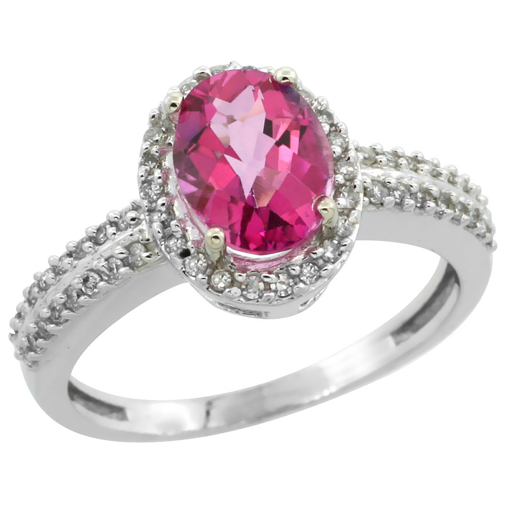 14K White Gold Natural Pink Topaz Ring Oval 8x6mm Diamond Halo, sizes 5-10