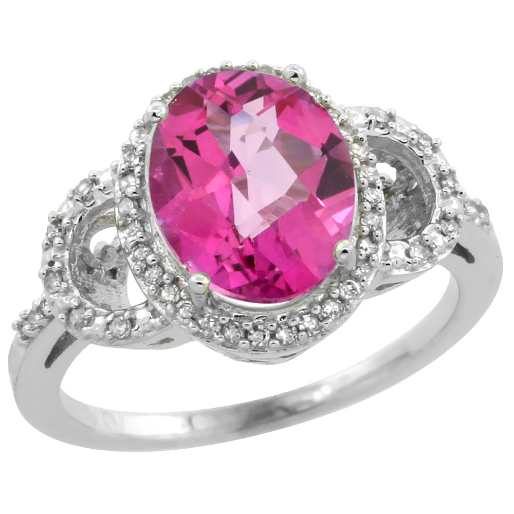 14K White Gold Diamond Natural Pink Topaz Engagement Ring Oval 10x8mm, sizes 5-10