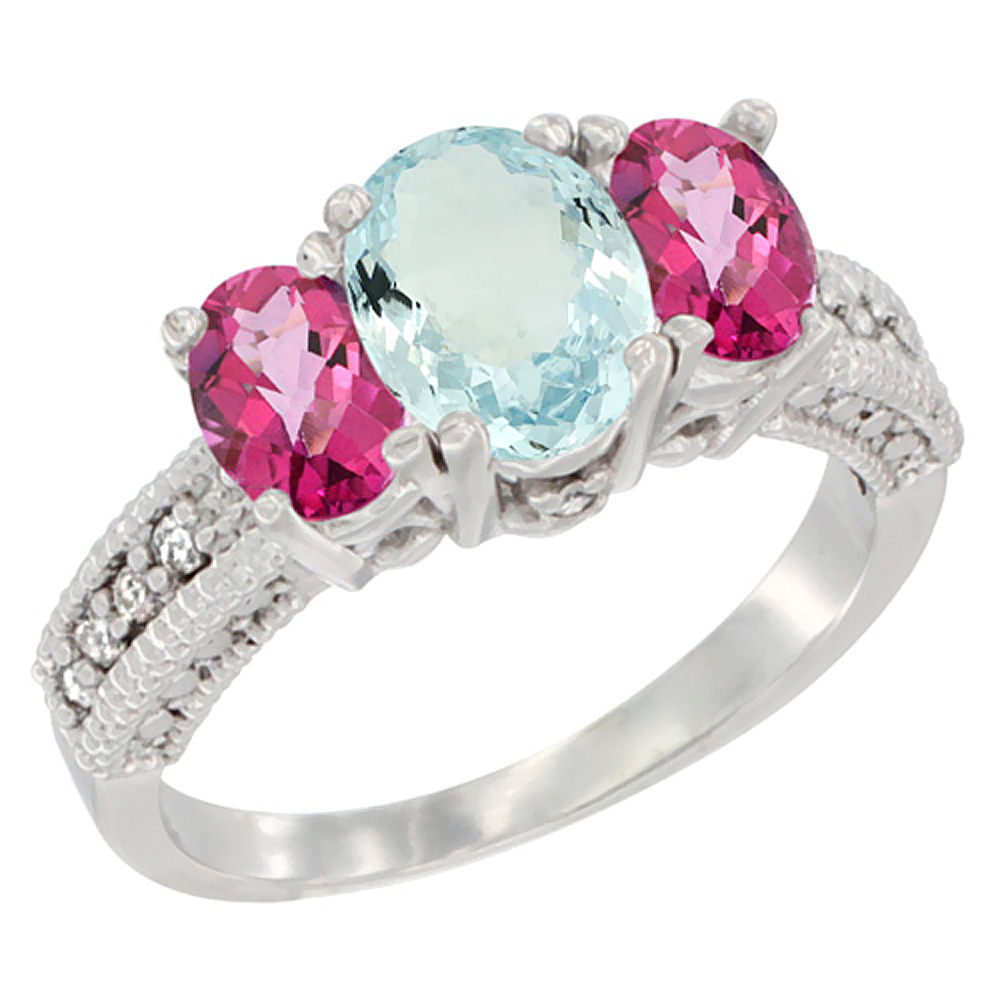 14K White Gold Diamond Natural Aquamarine Ring Oval 3-stone with Pink Topaz, sizes 5 - 10