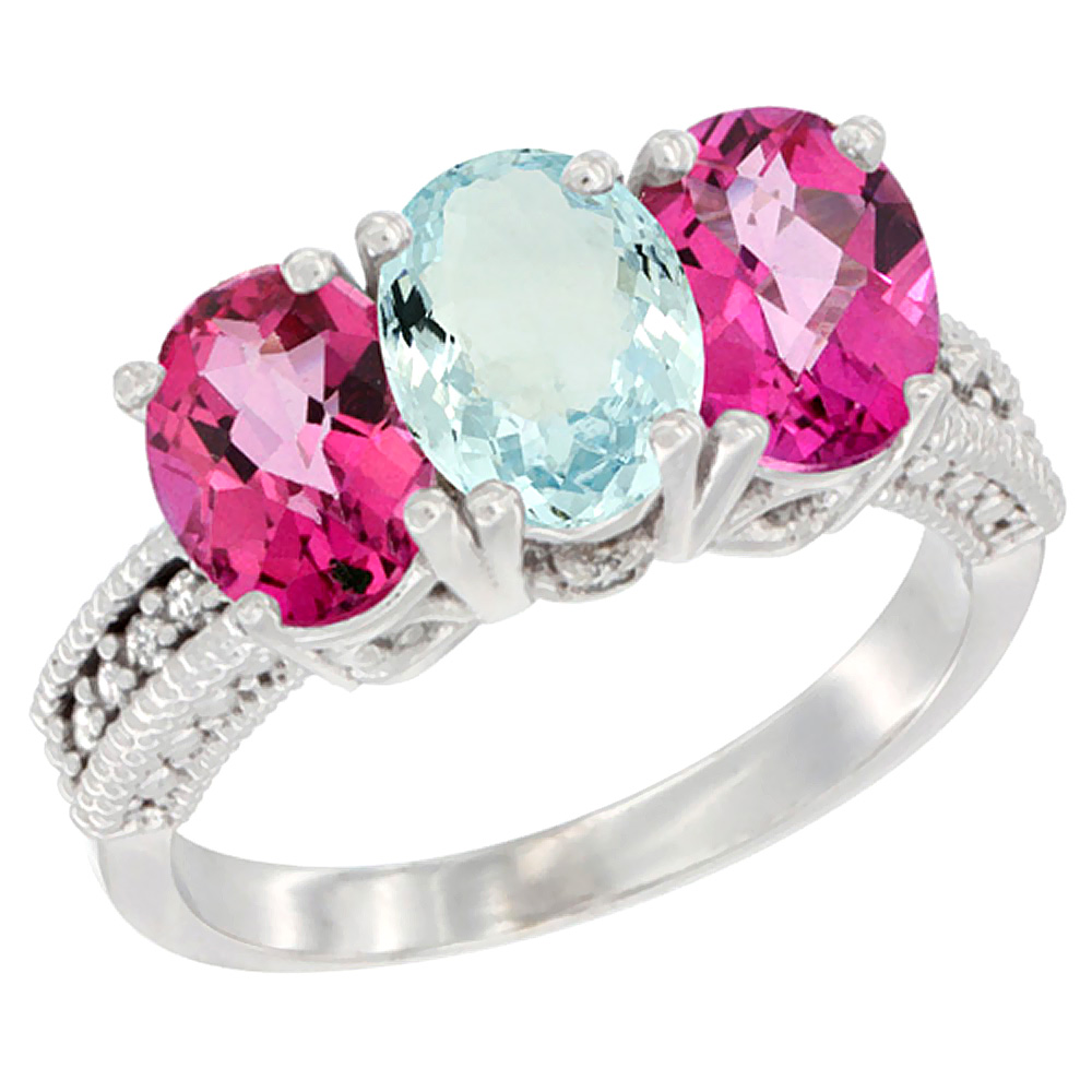 14K White Gold Natural Aquamarine & Pink Topaz Sides Ring 3-Stone 7x5 mm Oval Diamond Accent, sizes 5 - 10