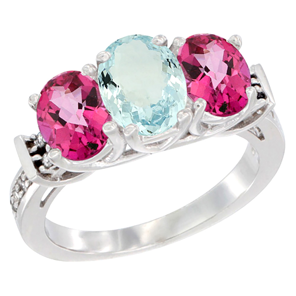 14K White Gold Natural Aquamarine &amp; Pink Topaz Sides Ring 3-Stone Oval Diamond Accent, sizes 5 - 10