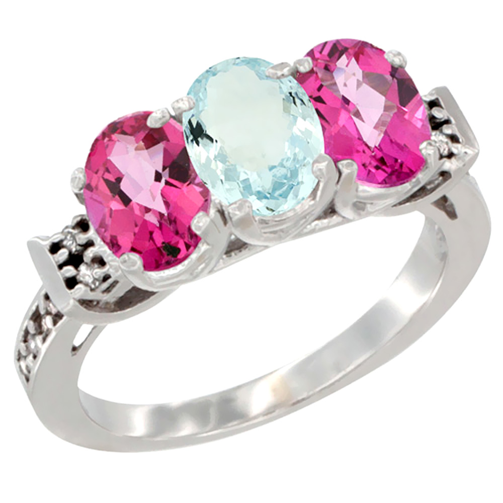 10K White Gold Natural Aquamarine & Pink Topaz Sides Ring 3-Stone Oval 7x5 mm Diamond Accent, sizes 5 - 10