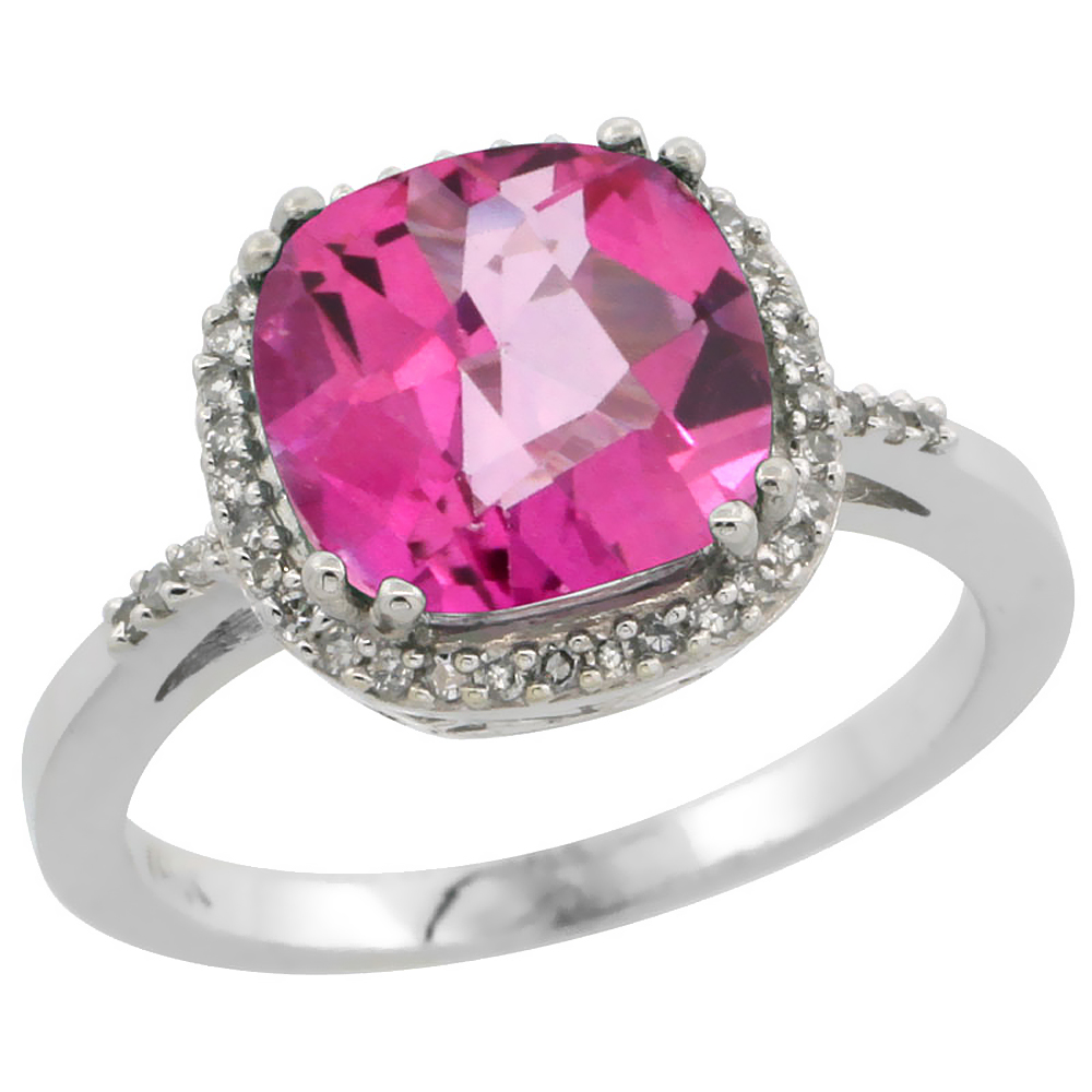 10K White Gold Diamond Natural Pink Topaz Ring Cushion-cut 9x9mm, sizes 5-10