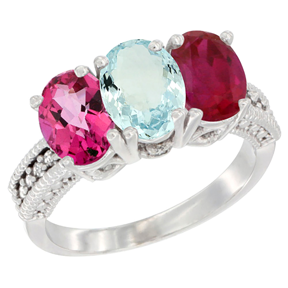 10K White Gold Natural Pink Topaz, Aquamarine &amp; Ruby Ring 3-Stone Oval 7x5 mm Diamond Accent, sizes 5 - 10