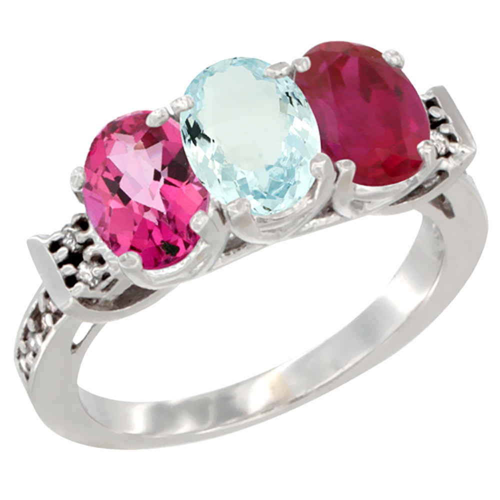 14K White Gold Natural Pink Topaz, Aquamarine & Enhanced Ruby Ring 3-Stone 7x5 mm Oval Diamond Accent, sizes 5 - 10