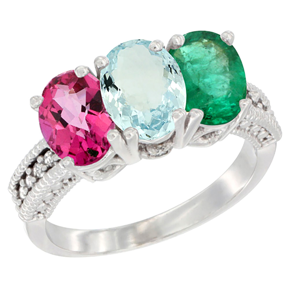 10K White Gold Natural Pink Topaz, Aquamarine & Emerald Ring 3-Stone Oval 7x5 mm Diamond Accent, sizes 5 - 10