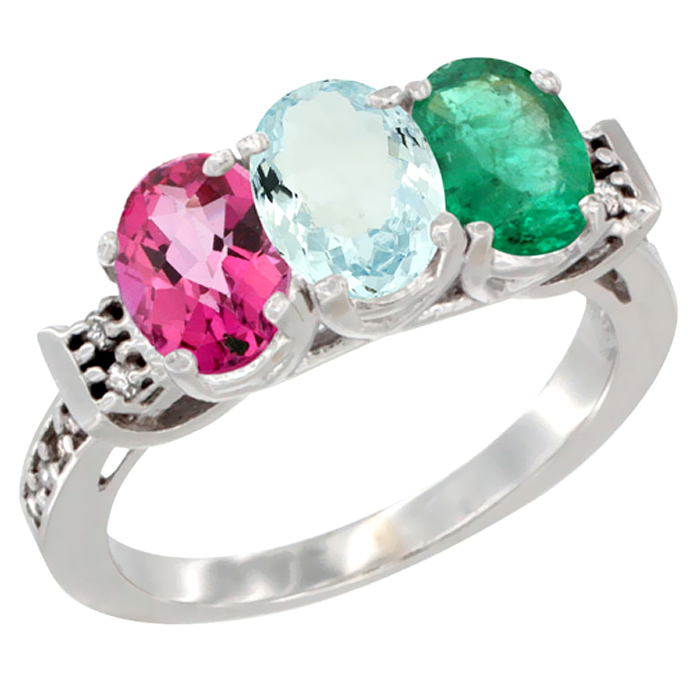 14K White Gold Natural Pink Topaz, Aquamarine & Emerald Ring 3-Stone 7x5 mm Oval Diamond Accent, sizes 5 - 10