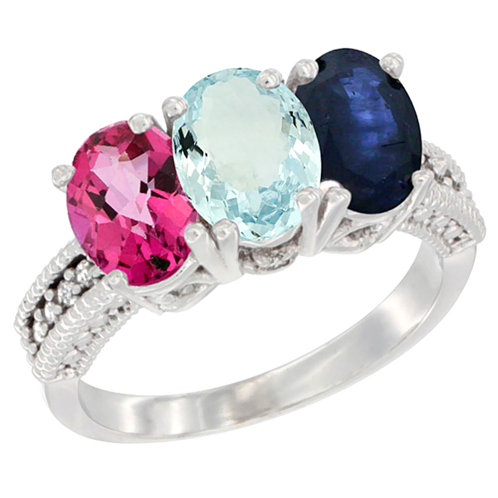 14K White Gold Natural Pink Topaz, Aquamarine & Blue Sapphire Ring 3-Stone 7x5 mm Oval Diamond Accent, sizes 5 - 10