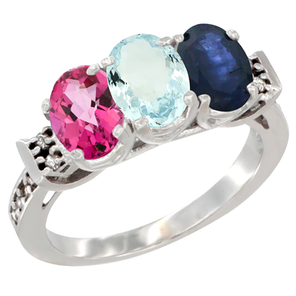 10K White Gold Natural Pink Topaz, Aquamarine & Blue Sapphire Ring 3-Stone Oval 7x5 mm Diamond Accent, sizes 5 - 10