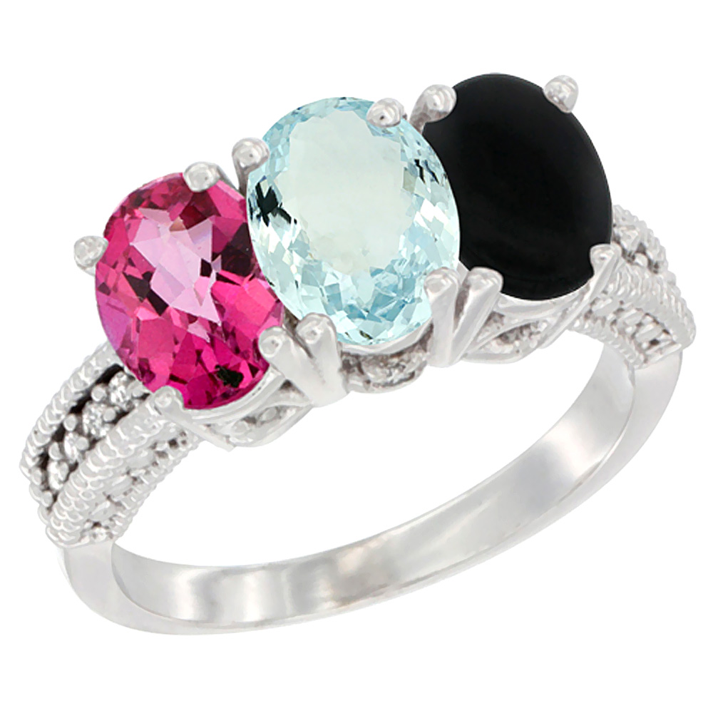 14K White Gold Natural Pink Topaz, Aquamarine & Black Onyx Ring 3-Stone 7x5 mm Oval Diamond Accent, sizes 5 - 10