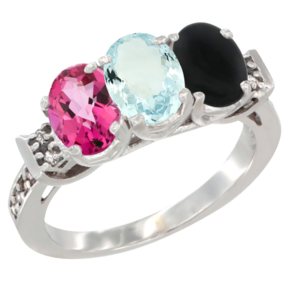 10K White Gold Natural Pink Topaz, Aquamarine & Black Onyx Ring 3-Stone Oval 7x5 mm Diamond Accent, sizes 5 - 10