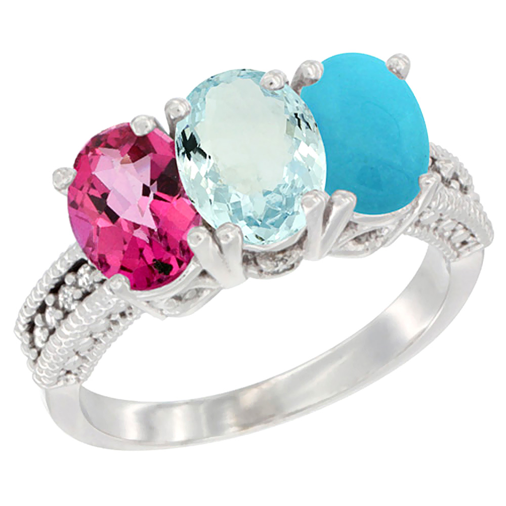 14K White Gold Natural Pink Topaz, Aquamarine & Turquoise Ring 3-Stone 7x5 mm Oval Diamond Accent, sizes 5 - 10