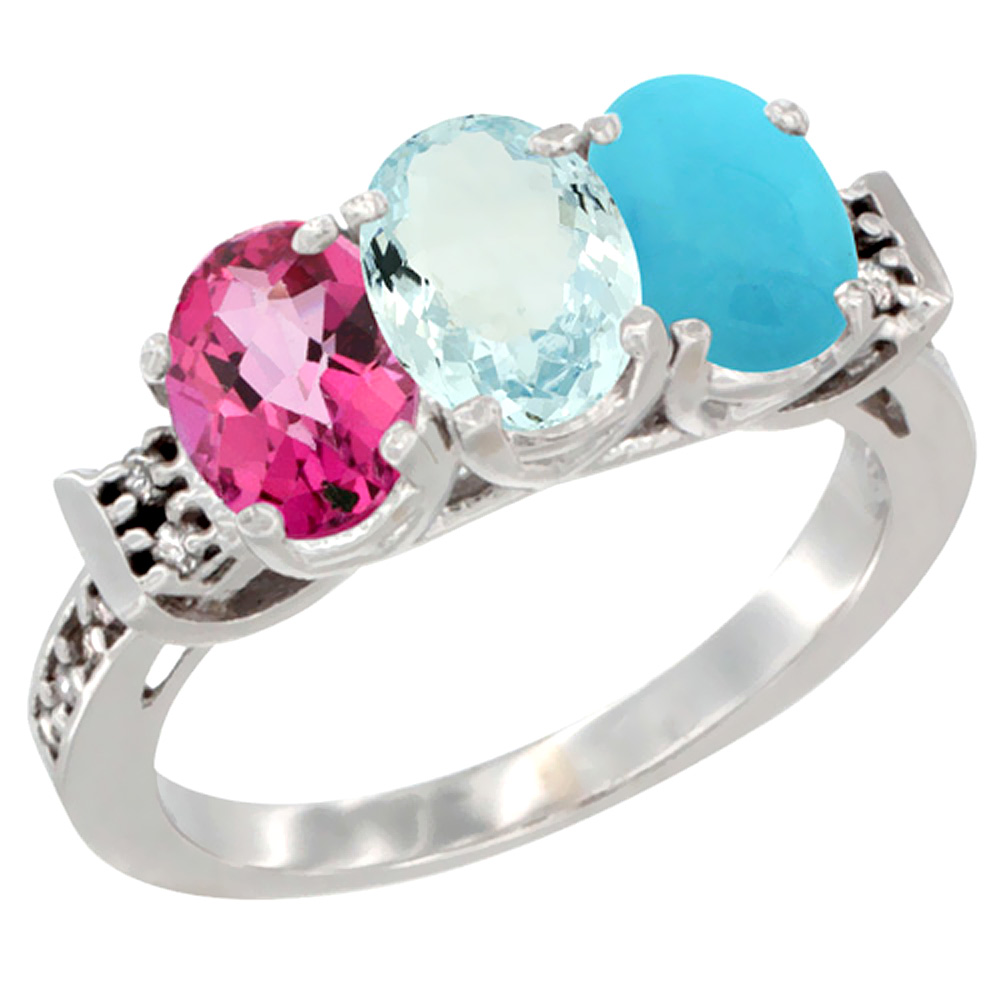 10K White Gold Natural Pink Topaz, Aquamarine & Turquoise Ring 3-Stone Oval 7x5 mm Diamond Accent, sizes 5 - 10