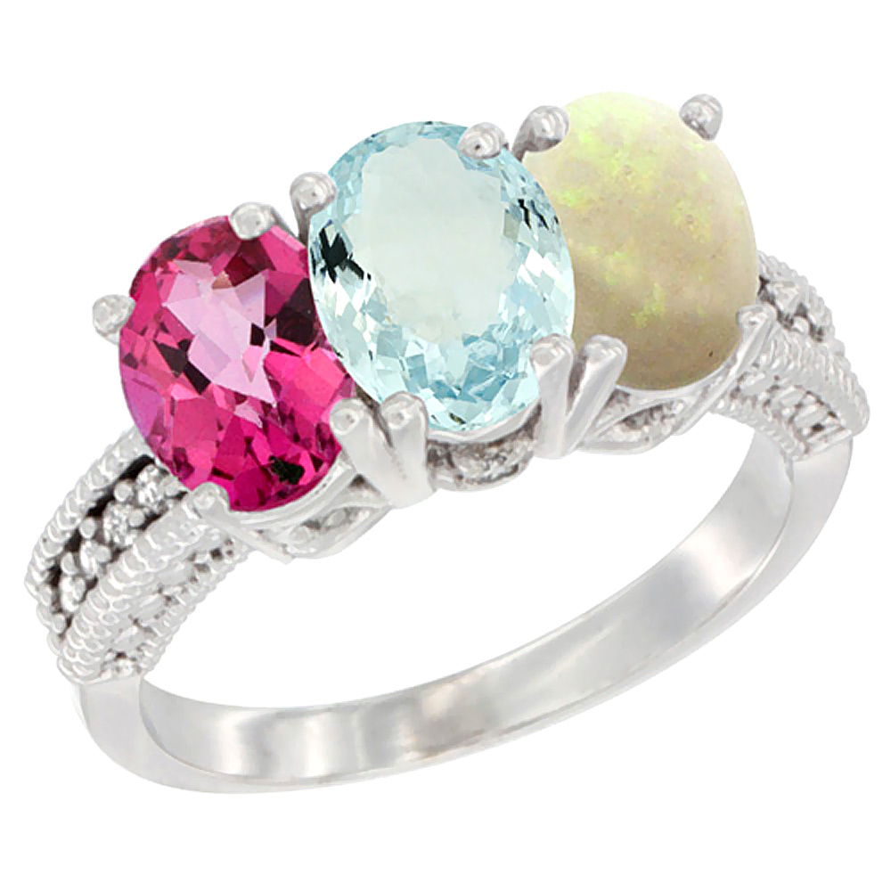 14K White Gold Natural Pink Topaz, Aquamarine & Opal Ring 3-Stone 7x5 mm Oval Diamond Accent, sizes 5 - 10