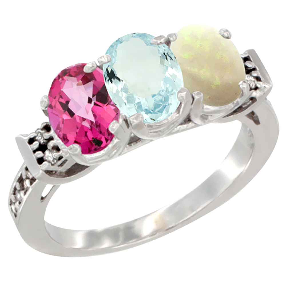 10K White Gold Natural Pink Topaz, Aquamarine & Opal Ring 3-Stone Oval 7x5 mm Diamond Accent, sizes 5 - 10