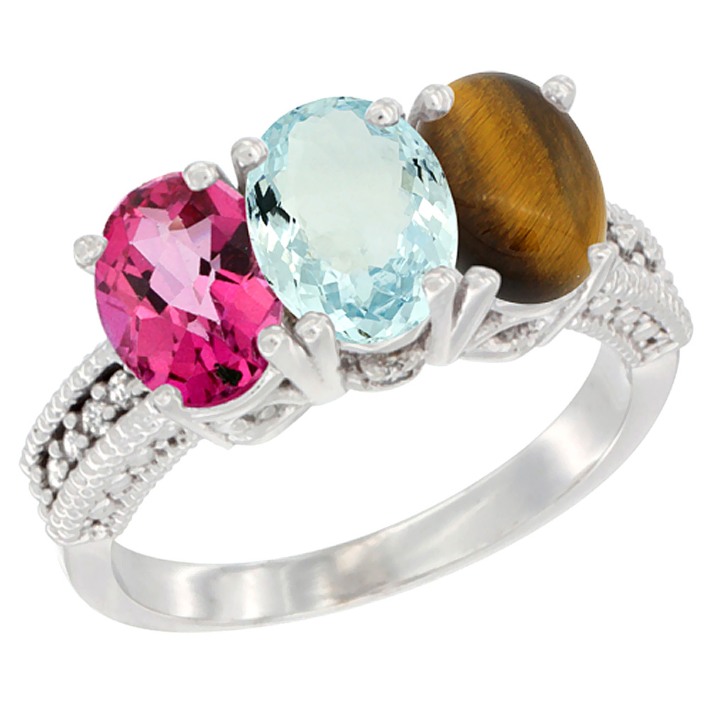 14K White Gold Natural Pink Topaz, Aquamarine & Tiger Eye Ring 3-Stone 7x5 mm Oval Diamond Accent, sizes 5 - 10