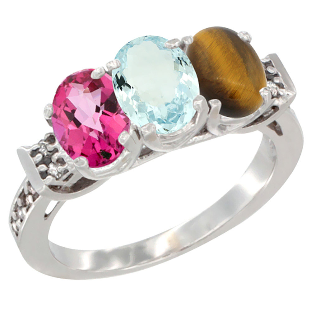 10K White Gold Natural Pink Topaz, Aquamarine &amp; Tiger Eye Ring 3-Stone Oval 7x5 mm Diamond Accent, sizes 5 - 10