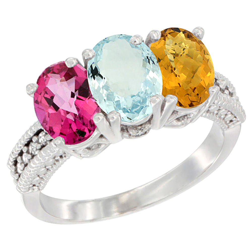 10K White Gold Natural Pink Topaz, Aquamarine &amp; Whisky Quartz Ring 3-Stone Oval 7x5 mm Diamond Accent, sizes 5 - 10