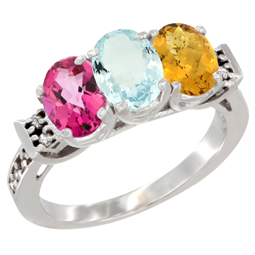 14K White Gold Natural Pink Topaz, Aquamarine & Whisky Quartz Ring 3-Stone 7x5 mm Oval Diamond Accent, sizes 5 - 10