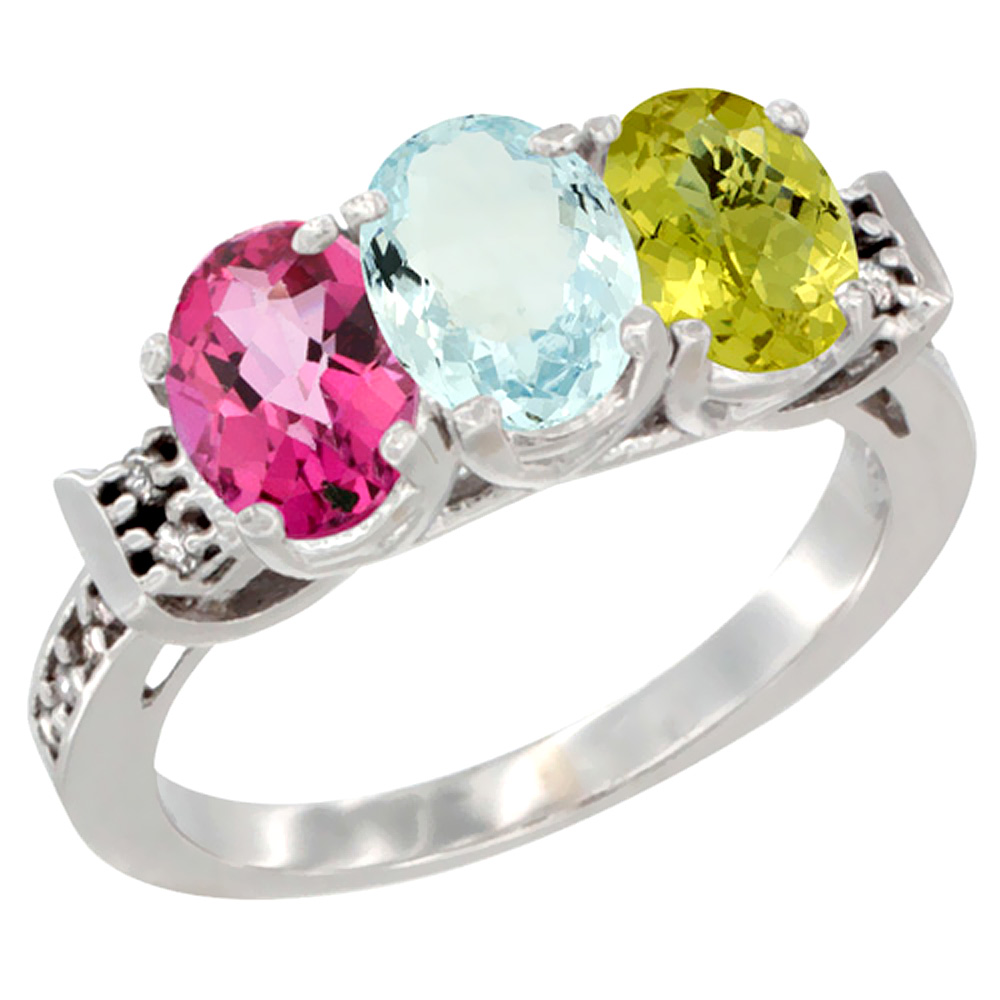 14K White Gold Natural Pink Topaz, Aquamarine & Lemon Quartz Ring 3-Stone 7x5 mm Oval Diamond Accent, sizes 5 - 10