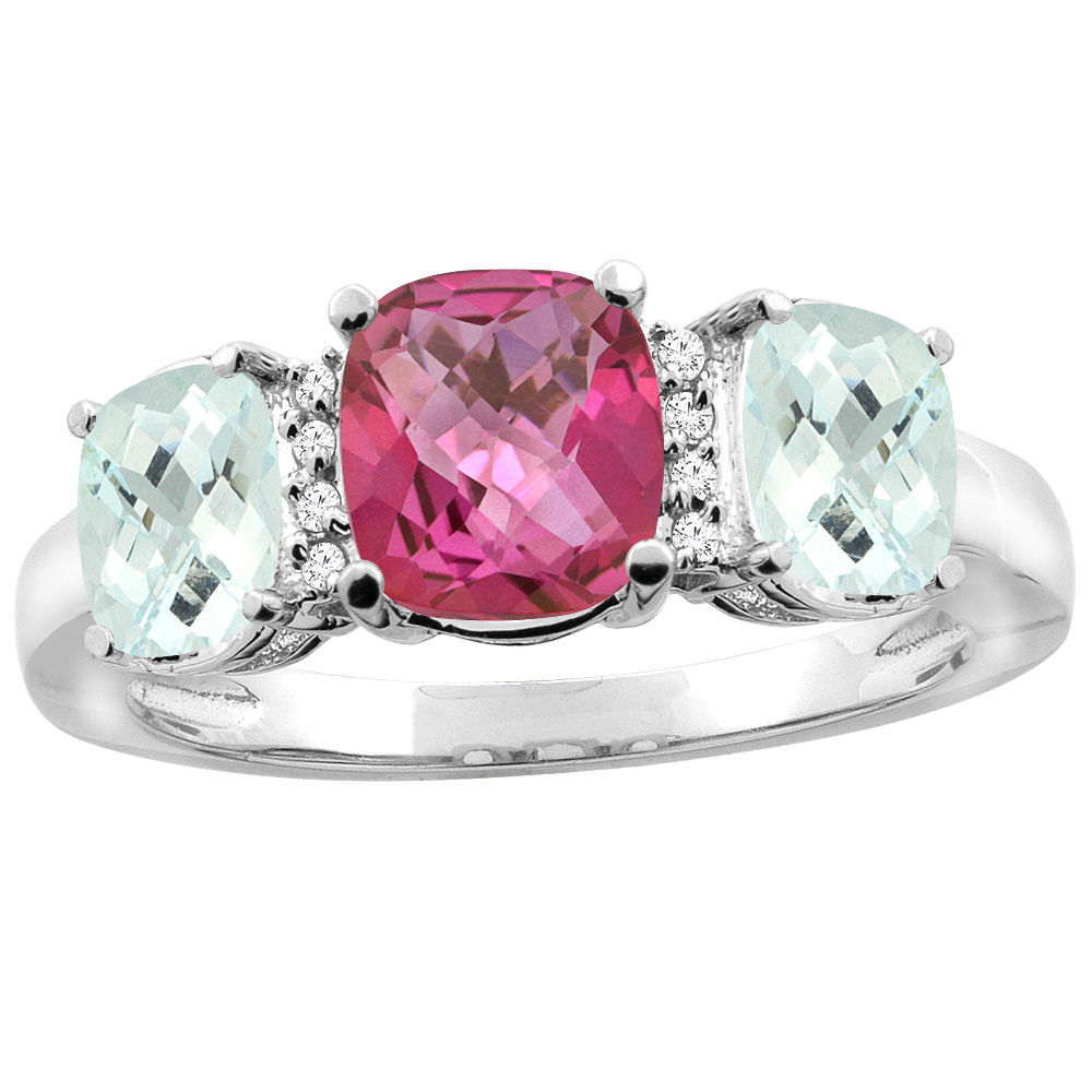 14K White Gold Natural Pink Topaz & Aquamarine 3-stone Ring Cushion 8x6mm Diamond Accent, sizes 5 - 10