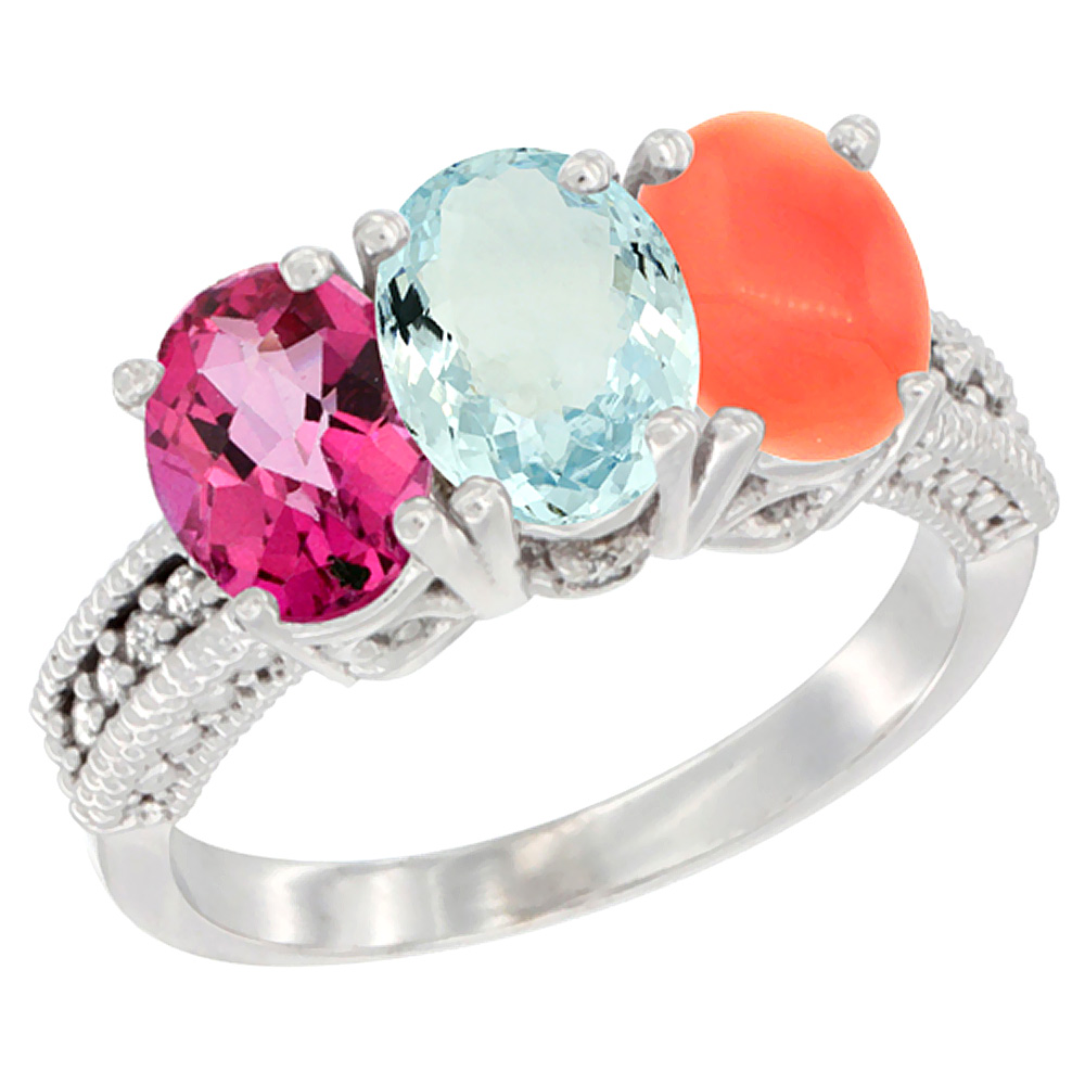 14K White Gold Natural Pink Topaz, Aquamarine &amp; Coral Ring 3-Stone 7x5 mm Oval Diamond Accent, sizes 5 - 10