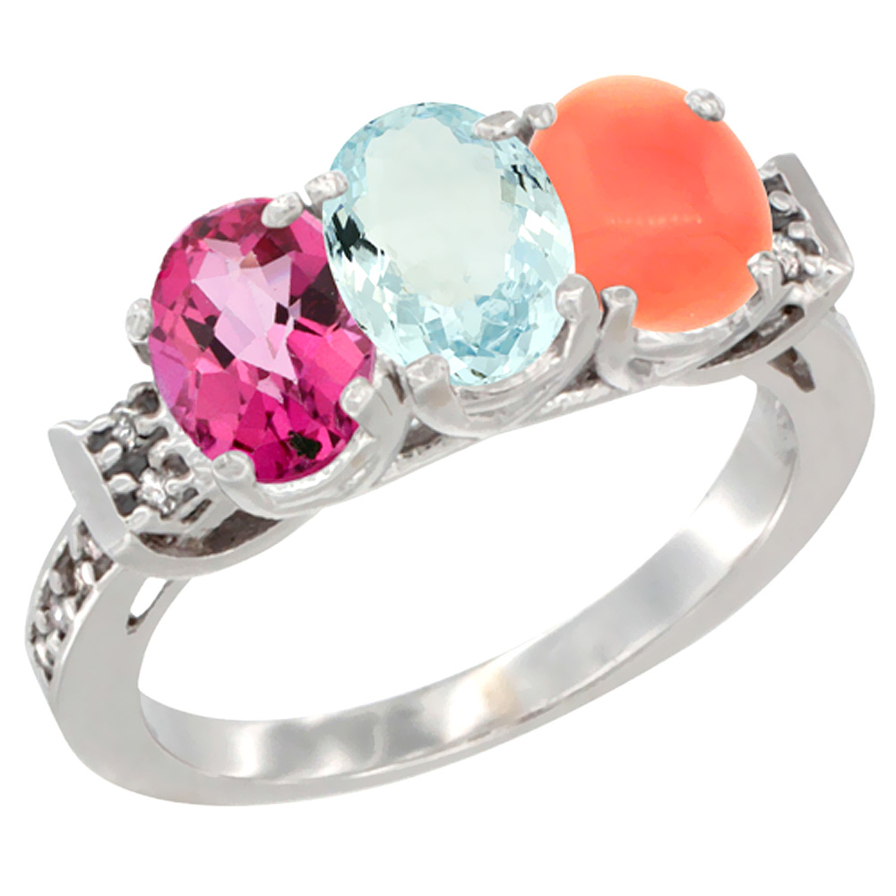 10K White Gold Natural Pink Topaz, Aquamarine &amp; Coral Ring 3-Stone Oval 7x5 mm Diamond Accent, sizes 5 - 10