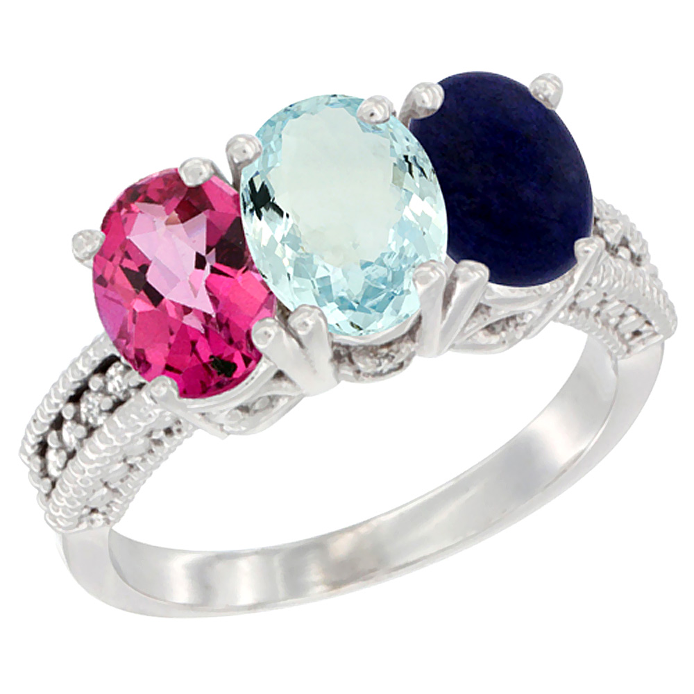 14K White Gold Natural Pink Topaz, Aquamarine & Lapis Ring 3-Stone 7x5 mm Oval Diamond Accent, sizes 5 - 10