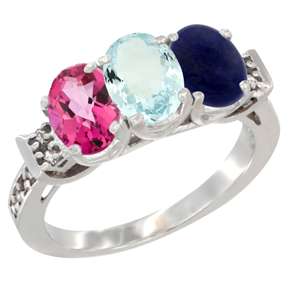 14K White Gold Natural Pink Topaz, Aquamarine & Lapis Ring 3-Stone 7x5 mm Oval Diamond Accent, sizes 5 - 10