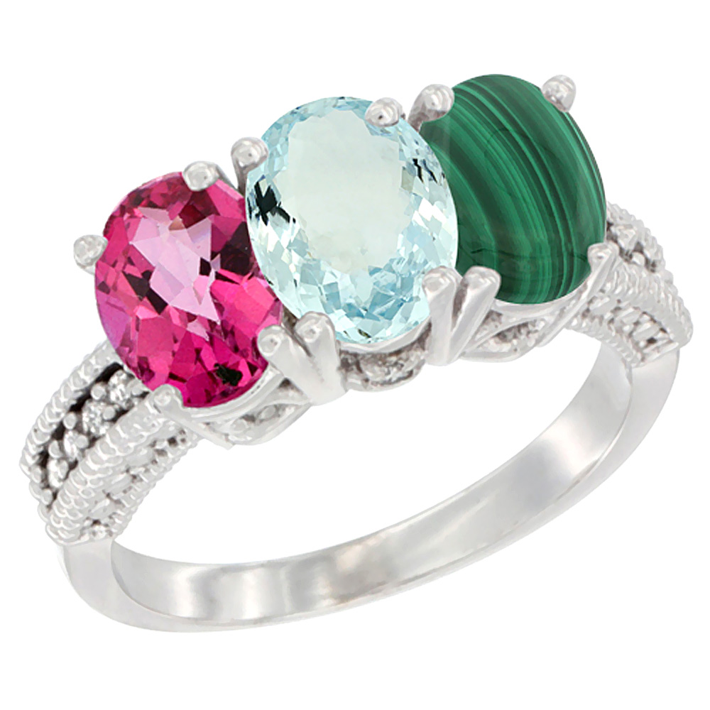 14K White Gold Natural Pink Topaz, Aquamarine & Malachite Ring 3-Stone 7x5 mm Oval Diamond Accent, sizes 5 - 10