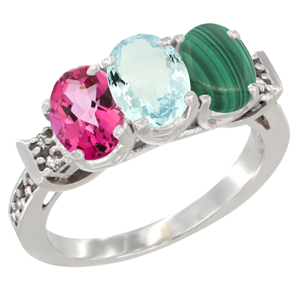 14K White Gold Natural Pink Topaz, Aquamarine &amp; Malachite Ring 3-Stone 7x5 mm Oval Diamond Accent, sizes 5 - 10