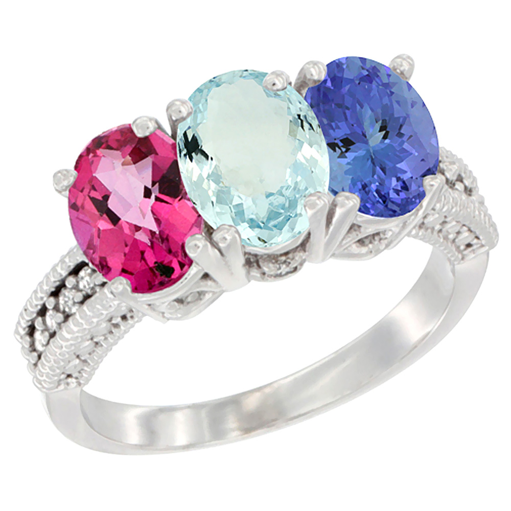 10K White Gold Natural Pink Topaz, Aquamarine & Tanzanite Ring 3-Stone Oval 7x5 mm Diamond Accent, sizes 5 - 10