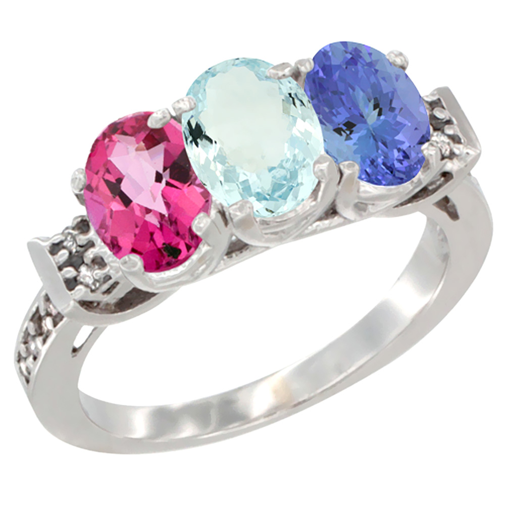 10K White Gold Natural Pink Topaz, Aquamarine & Tanzanite Ring 3-Stone Oval 7x5 mm Diamond Accent, sizes 5 - 10