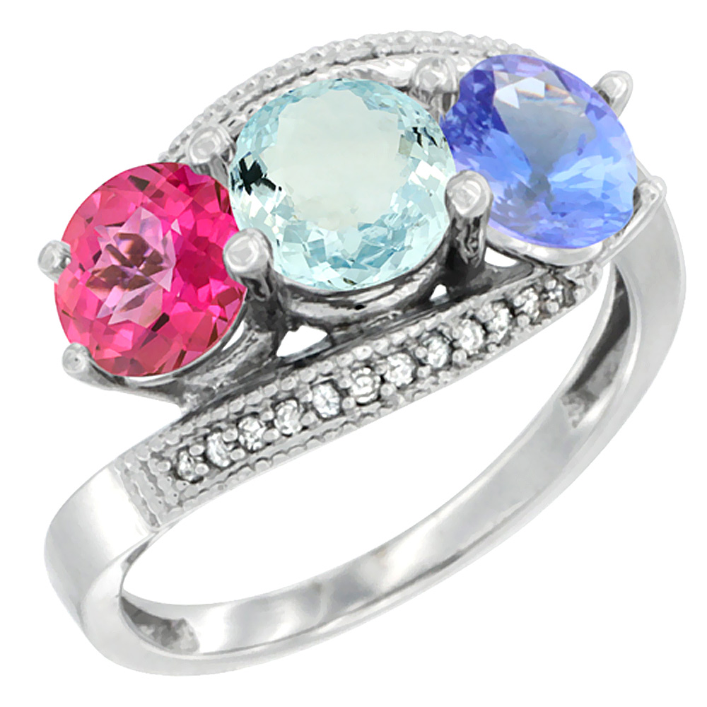 14K White Gold Natural Pink Topaz, Aquamarine &amp; Tanzanite 3 stone Ring Round 6mm Diamond Accent, sizes 5 - 10