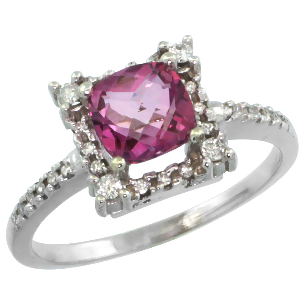 14K White Gold Natural Pink Topaz Ring Cushion-cut 6x6mm Diamond Halo, sizes 5-10