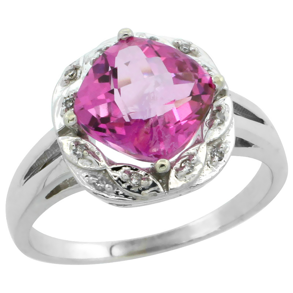 14K White Gold Natural Pink Topaz Ring Cushion-cut 8x8mm Diamond Halo, sizes 5-10