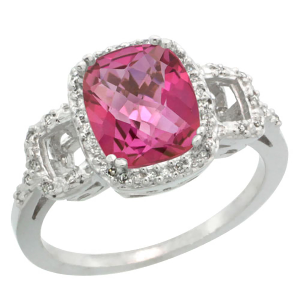 10K White Gold Diamond Natural Pink Topaz Ring Cushion-cut 9x7mm, sizes 5-10