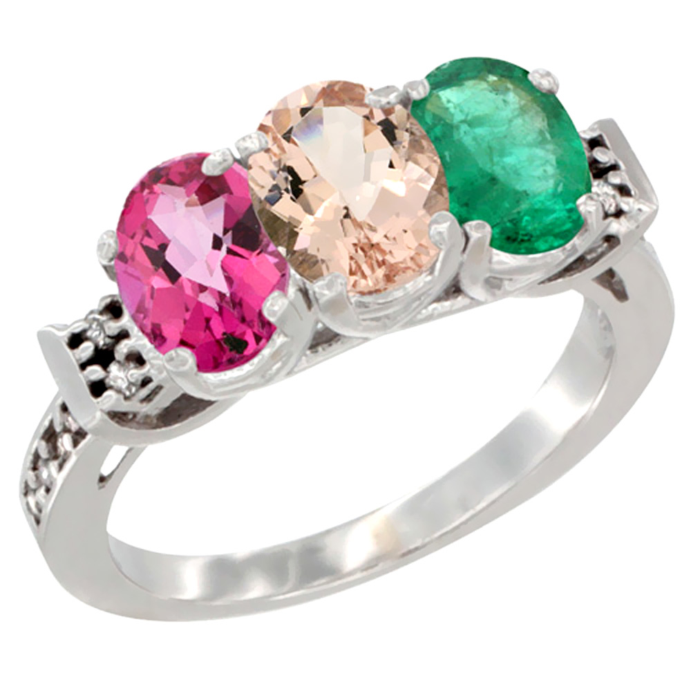 14K White Gold Natural Pink Topaz, Morganite & Emerald Ring 3-Stone 7x5 mm Oval Diamond Accent, sizes 5 - 10