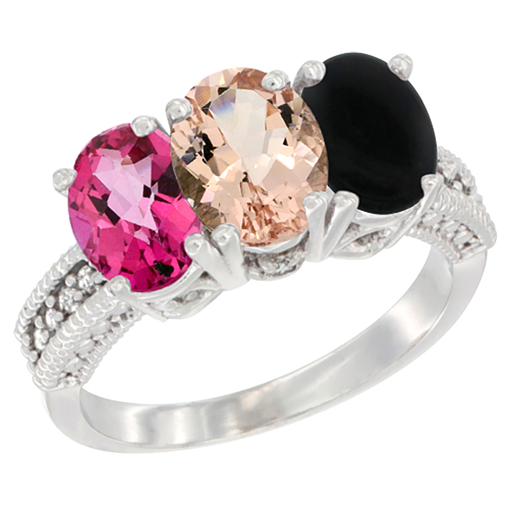 10K White Gold Natural Pink Topaz, Morganite & Black Onyx Ring 3-Stone Oval 7x5 mm Diamond Accent, sizes 5 - 10