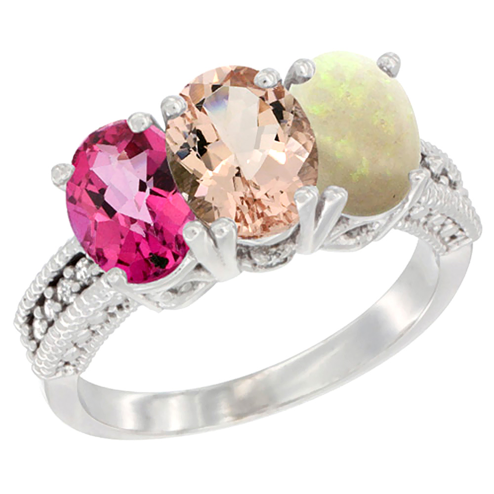 10K White Gold Natural Pink Topaz, Morganite & Opal Ring 3-Stone Oval 7x5 mm Diamond Accent, sizes 5 - 10