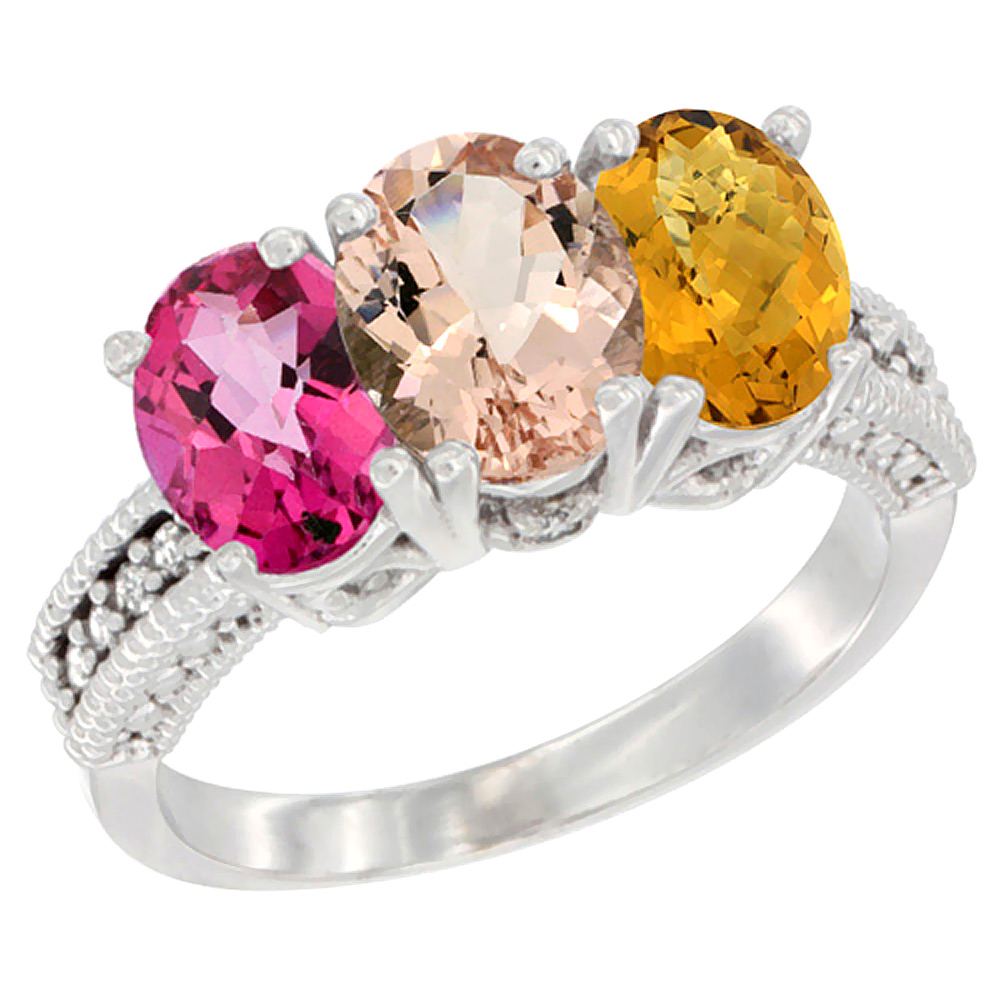 10K White Gold Natural Pink Topaz, Morganite & Whisky Quartz Ring 3-Stone Oval 7x5 mm Diamond Accent, sizes 5 - 10