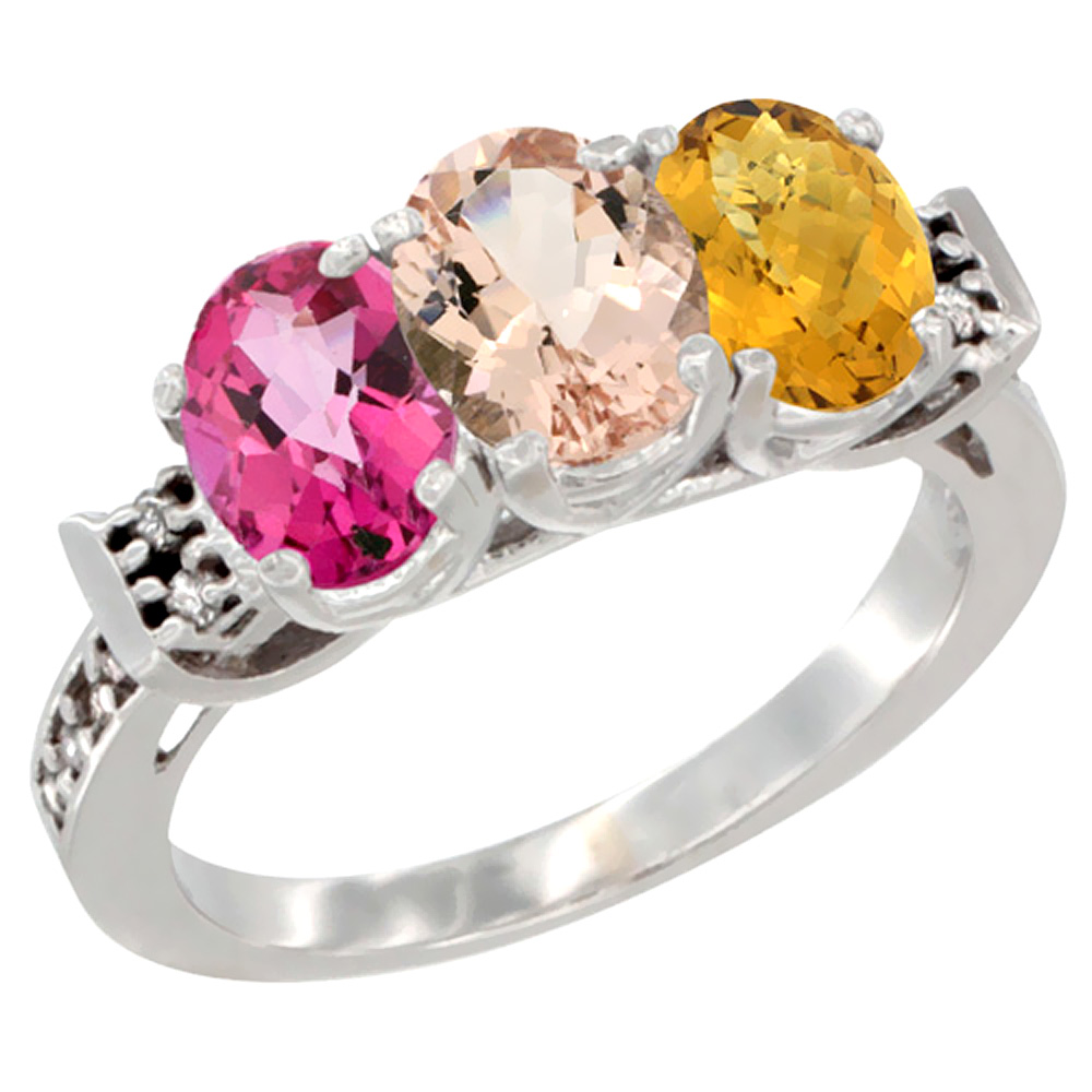 14K White Gold Natural Pink Topaz, Morganite & Whisky Quartz Ring 3-Stone 7x5 mm Oval Diamond Accent, sizes 5 - 10